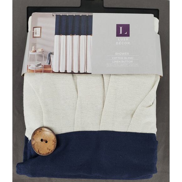 Lush Decor Navy & White Linen Button Shower Curtain, 72″ X 72″ New - Picture 1 of 6